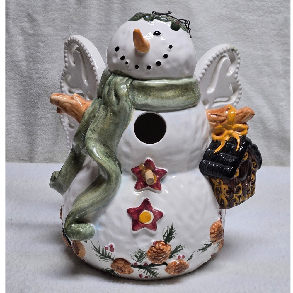 Ceramic Snowman Angel Birdhouse Holiday Decor Pinecone Accents White Green